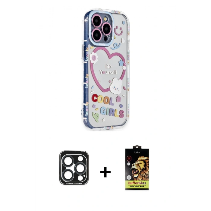 MARSİLYAN™- iPhone 15 Pro Max Kılıf Ahenk Modern Serisi - Siyah Buffer Cam Ekran Koruyucu + PVD Metal Kamera Lens - LT