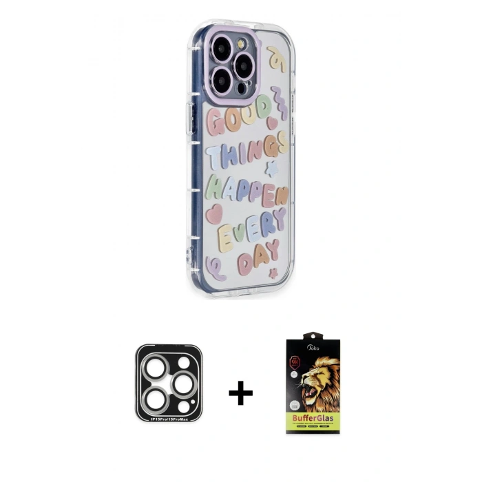 MARSİLYAN™- iPhone 15 Pro Max Kılıf Ahenk Modern Serisi - Siyah Buffer Cam Ekran Koruyucu + PVD Metal Kamera Lens - GS