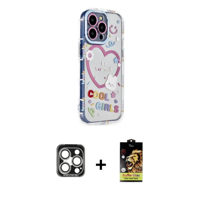MARSİLYAN™- iPhone 15 Pro Max Kılıf Ahenk Modern Serisi - Siyah Buffer Cam Ekran Koruyucu + PVD Metal Kamera Lens - GS