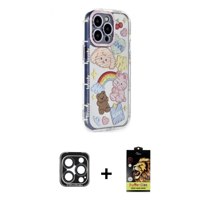 MARSİLYAN™- iPhone 15 Pro Max Kılıf Ahenk Modern Serisi - Siyah Buffer Cam Ekran Koruyucu + PVD Metal Kamera Lens - LT