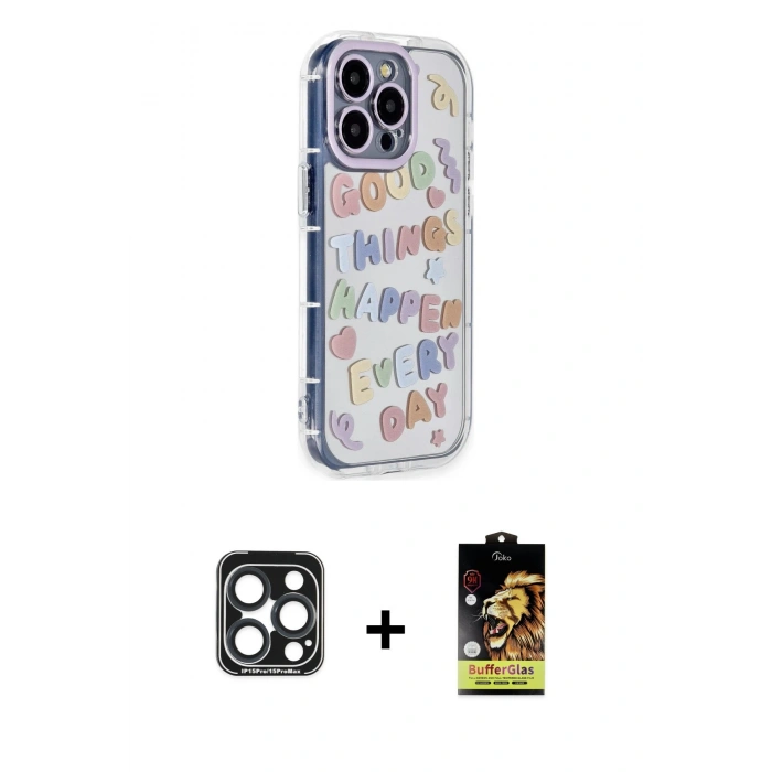 MARSİLYAN™- iPhone 15 Pro Max Kılıf Ahenk Modern Serisi - Siyah Buffer Cam Ekran Koruyucu + PVD Metal Kamera Lens - LT