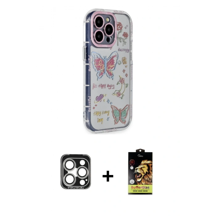 MARSİLYAN™- iPhone 15 Pro Max Kılıf Ahenk Modern Serisi - Siyah Buffer Cam Ekran Koruyucu + PVD Metal Kamera Lens - GS