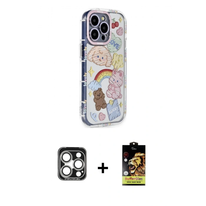 MARSİLYAN™- iPhone 15 Pro Max Kılıf Ahenk Modern Serisi - Siyah Buffer Cam Ekran Koruyucu + PVD Metal Kamera Lens - GS