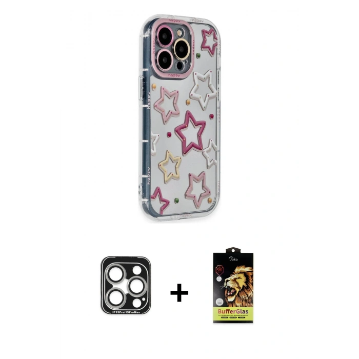 MARSİLYAN™- iPhone 15 Pro Max Kılıf Ahenk Modern Serisi - Siyah Buffer Cam Ekran Koruyucu + PVD Metal Kamera Lens - GS