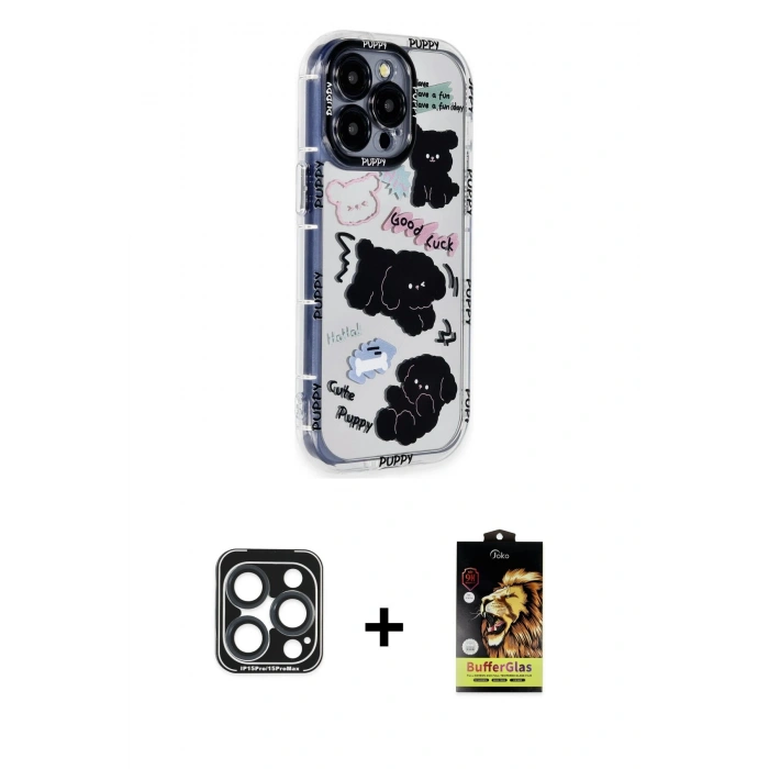 MARSİLYAN™- iPhone 15 Pro Max Kılıf Ahenk Modern Serisi - Siyah Buffer Cam Ekran Koruyucu + PVD Metal Kamera Lens - LT