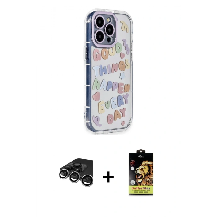 MARSİLYAN™- iPhone 15 Pro Max Kılıf Ahenk Modern Serisi - Siyah Buffer Cam Ekran Koruyucu + Raze Metal Kamera Lens - GS