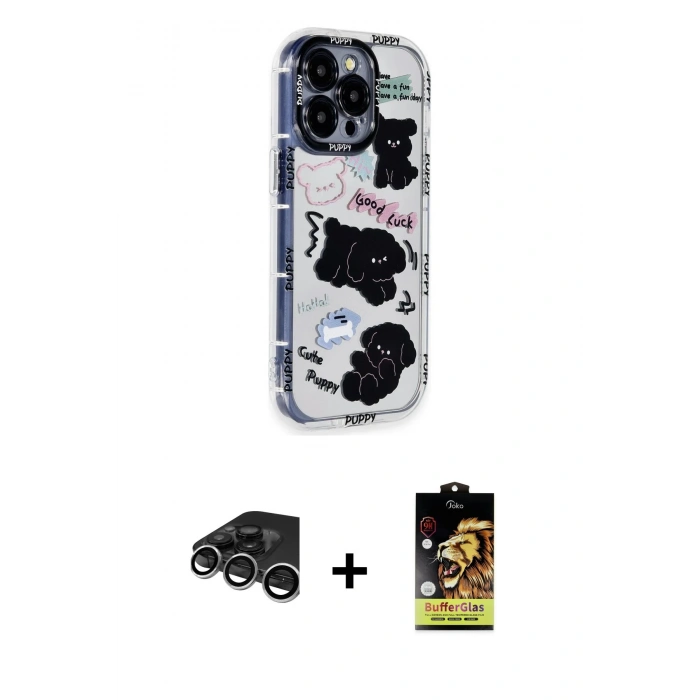 MARSİLYAN™- iPhone 15 Pro Max Kılıf Ahenk Modern Serisi - Siyah Buffer Cam Ekran Koruyucu + Raze Metal Kamera Lens - GS