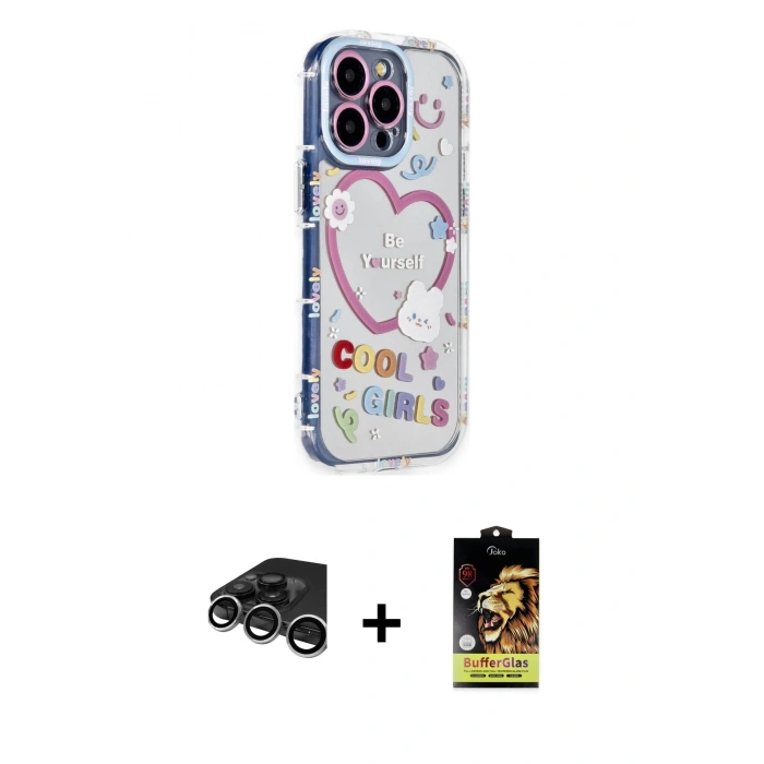MARSİLYAN™- iPhone 15 Pro Max Kılıf Ahenk Modern Serisi - Siyah Buffer Cam Ekran Koruyucu + Raze Metal Kamera Lens - GS