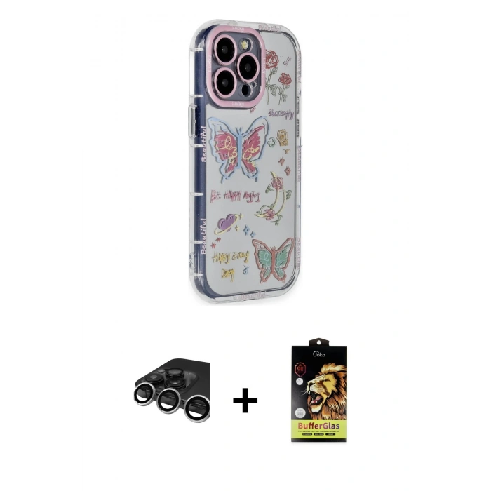 MARSİLYAN™- iPhone 15 Pro Max Kılıf Ahenk Modern Serisi - Siyah Buffer Cam Ekran Koruyucu + Raze Metal Kamera Lens - GS
