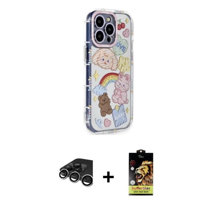 MARSİLYAN™- iPhone 15 Pro Max Kılıf Ahenk Modern Serisi - Siyah Buffer Cam Ekran Koruyucu + Raze Metal Kamera Lens - GS