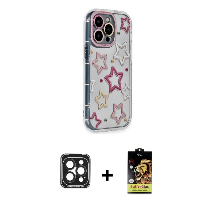 MARSİLYAN™- iPhone 15 Pro Max Kılıf Ahenk Modern Serisi - Siyah Buffer Cam Ekran Koruyucu + Siyah PVD Metal Kamera Lens