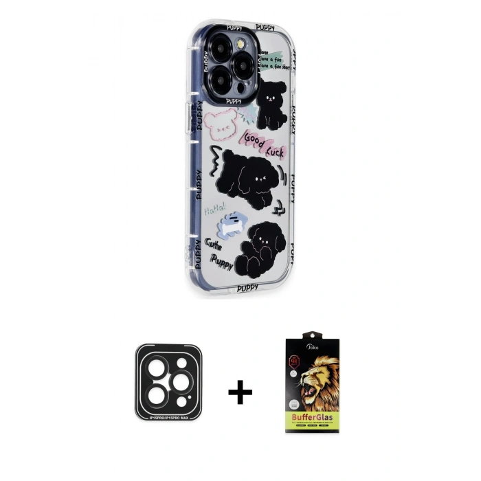 MARSİLYAN™- iPhone 15 Pro Max Kılıf Ahenk Modern Serisi - Siyah Buffer Cam Ekran Koruyucu + Siyah PVD Metal Kamera Lens