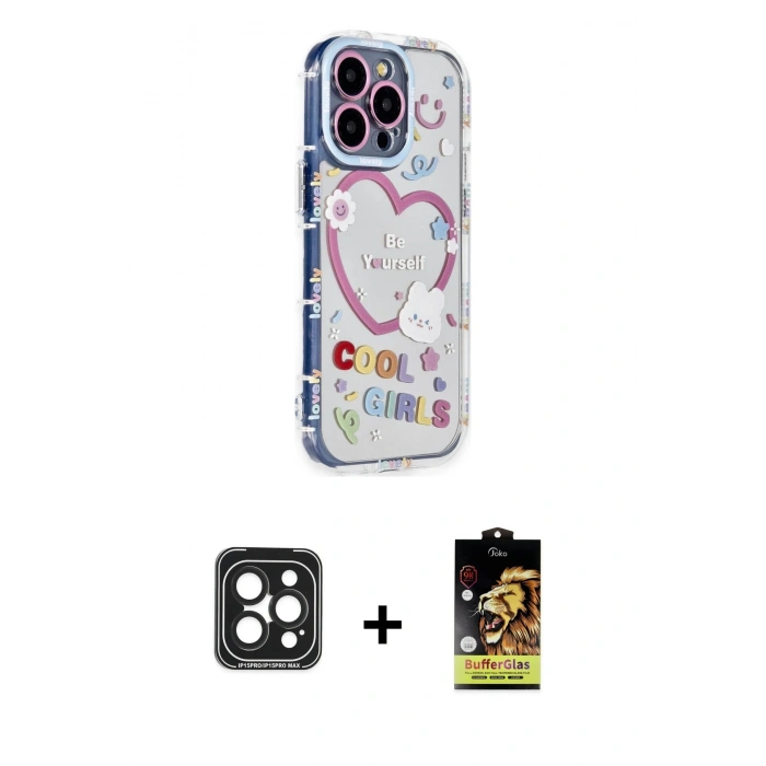 MARSİLYAN™- iPhone 15 Pro Max Kılıf Ahenk Modern Serisi - Siyah Buffer Cam Ekran Koruyucu + Siyah PVD Metal Kamera Lens