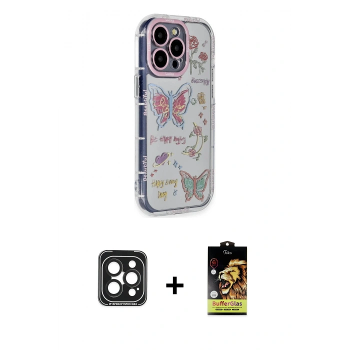 MARSİLYAN™- iPhone 15 Pro Max Kılıf Ahenk Modern Serisi - Siyah Buffer Cam Ekran Koruyucu + Siyah PVD Metal Kamera Lens