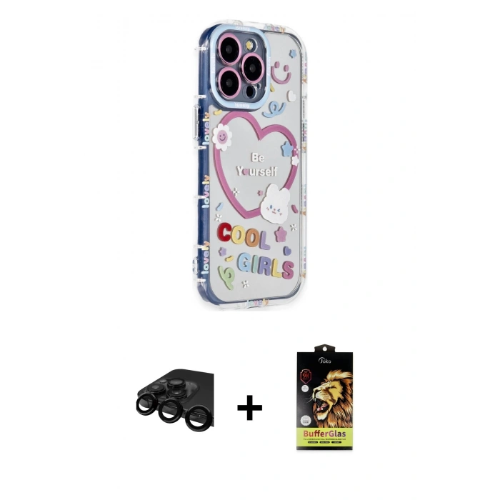 MARSİLYAN™- iPhone 15 Pro Max Kılıf Ahenk Modern Serisi - Siyah Buffer Cam Ekran Koruyucu + Raze Metal Kamera Lens - SH