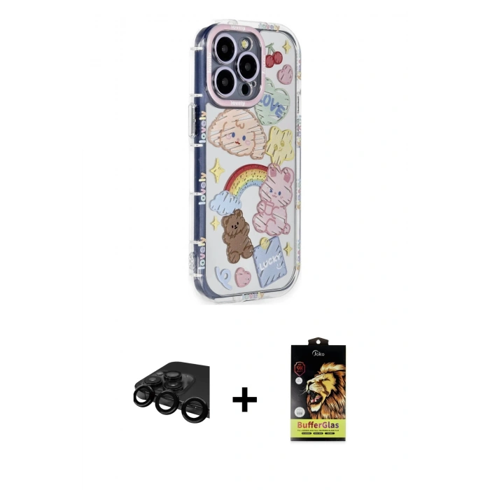 MARSİLYAN™- iPhone 15 Pro Max Kılıf Ahenk Modern Serisi - Siyah Buffer Cam Ekran Koruyucu + Raze Metal Kamera Lens - SH
