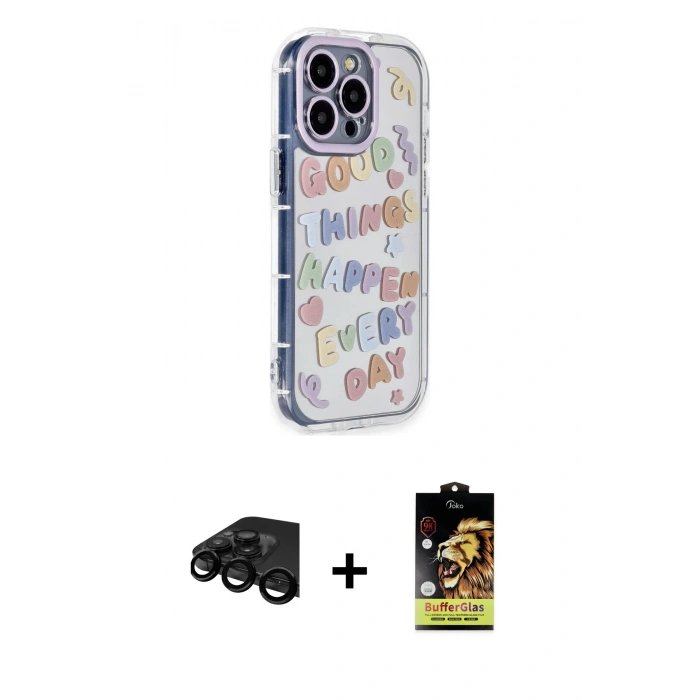 MARSİLYAN™- iPhone 15 Pro Max Kılıf Ahenk Modern Serisi - Siyah Buffer Cam Ekran Koruyucu + Raze Metal Kamera Lens - SH