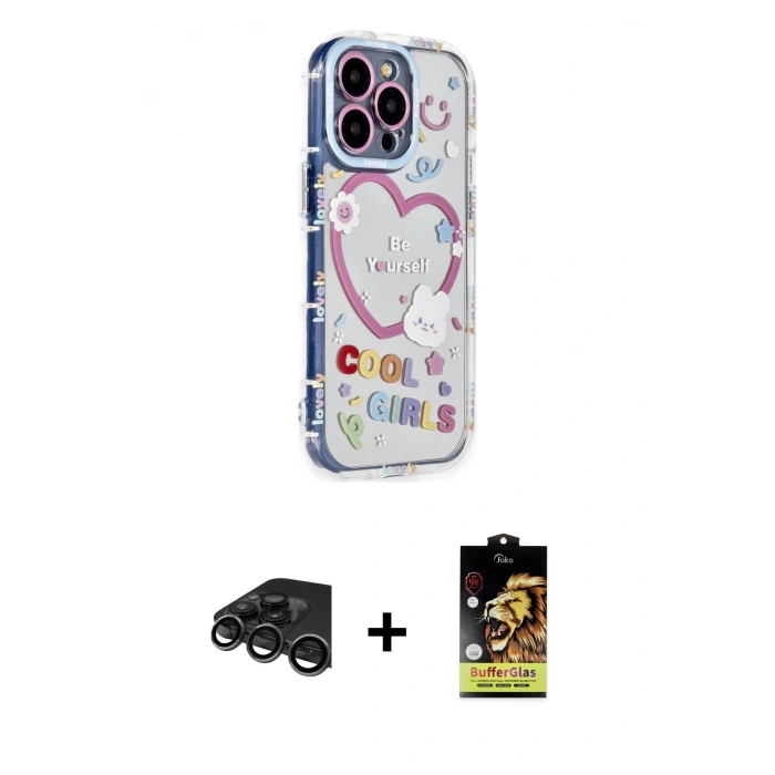 MARSİLYAN™- iPhone 15 Pro Max Kılıf Ahenk Modern Serisi - Siyah Buffer Cam Ekran Koruyucu + Titanyum Gri Raze Metal Kamera Lens
