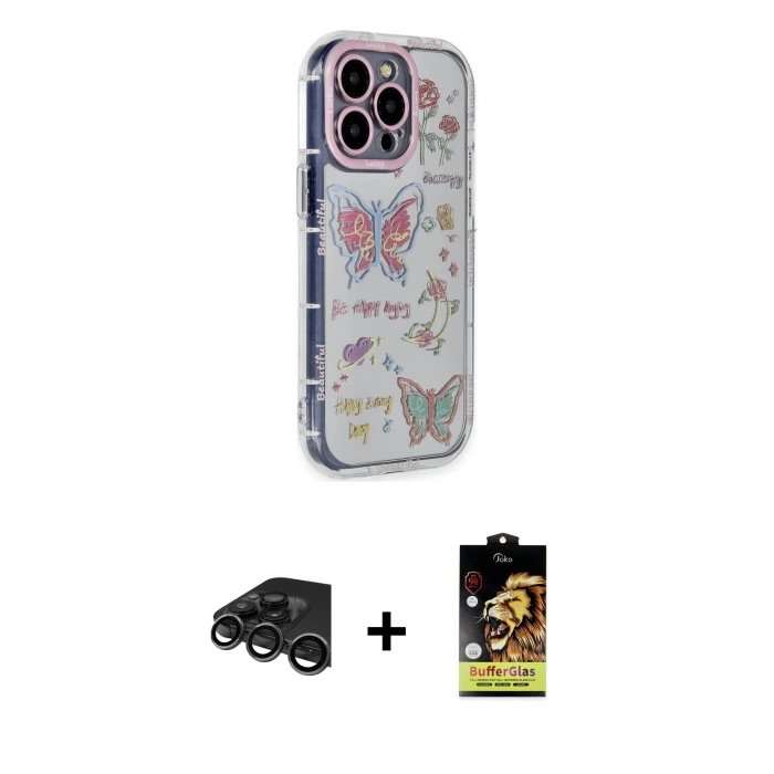 MARSİLYAN™- iPhone 15 Pro Max Kılıf Ahenk Modern Serisi - Siyah Buffer Cam Ekran Koruyucu + Titanyum Gri Raze Metal Kamera Lens