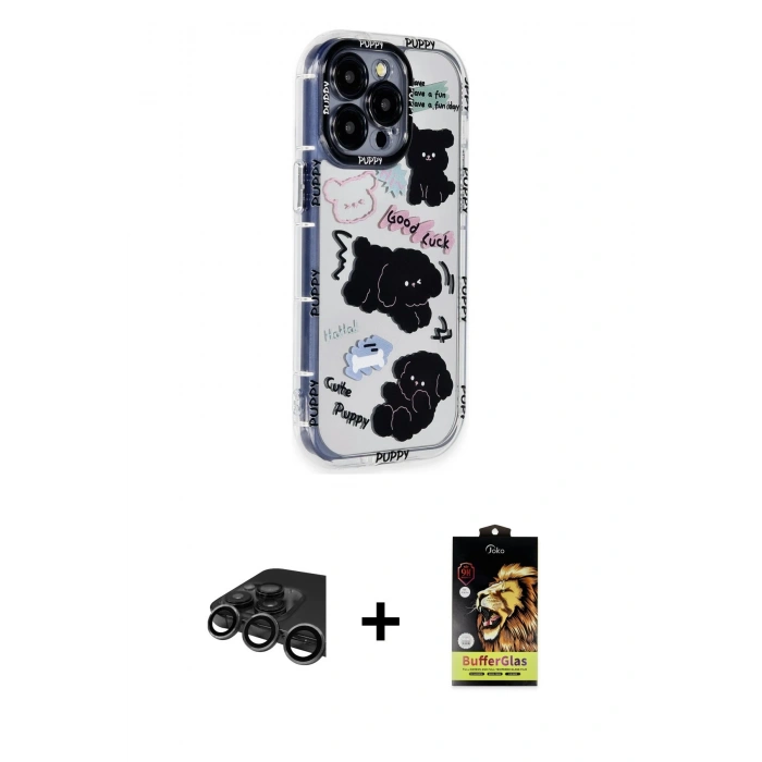MARSİLYAN™- iPhone 15 Pro Max Kılıf Ahenk Modern Serisi - Siyah Buffer Cam Ekran Koruyucu + Titanyum Gri Raze Metal Kamera Lens