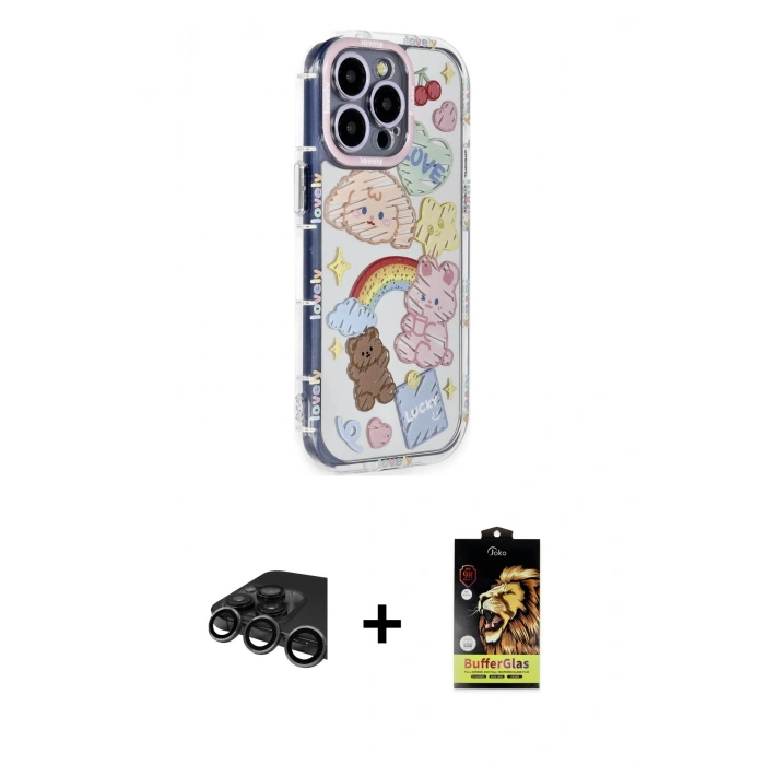 MARSİLYAN™- iPhone 15 Pro Max Kılıf Ahenk Modern Serisi - Siyah Buffer Cam Ekran Koruyucu + Titanyum Gri Raze Metal Kamera Lens