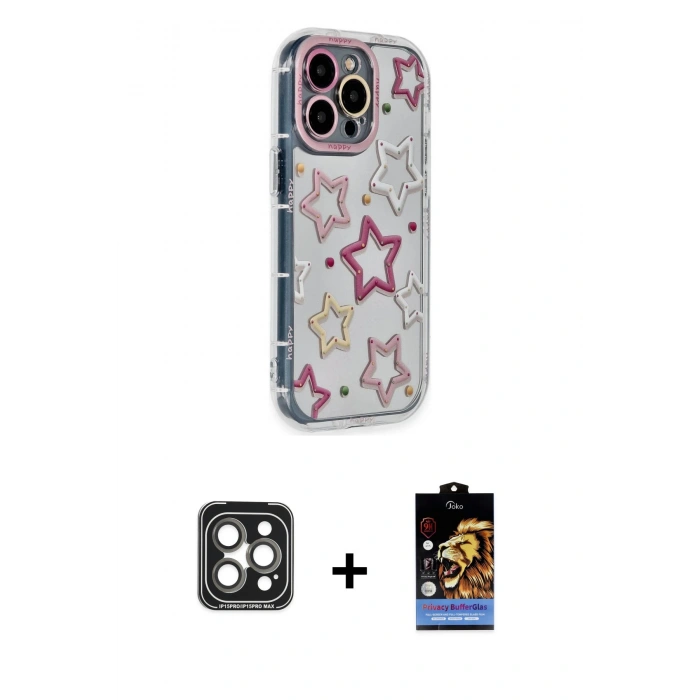 MARSİLYAN™- iPhone 15 Pro Max Kılıf Ahenk Modern Serisi - Siyah Buffer Hayalet Cam Ekran Koruyucu + PVD Metal Kamera Lens - GI