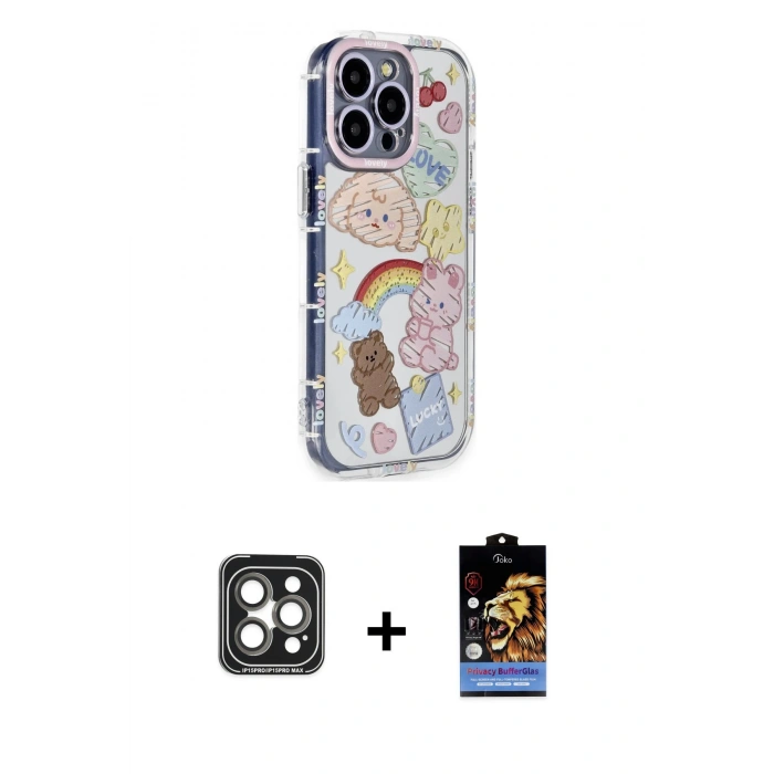 MARSİLYAN™- iPhone 15 Pro Max Kılıf Ahenk Modern Serisi - Siyah Buffer Hayalet Cam Ekran Koruyucu + PVD Metal Kamera Lens - GI