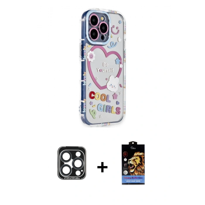 MARSİLYAN™- iPhone 15 Pro Max Kılıf Ahenk Modern Serisi - Siyah Buffer Hayalet Cam Ekran Koruyucu + PVD Metal Kamera Lens - LT