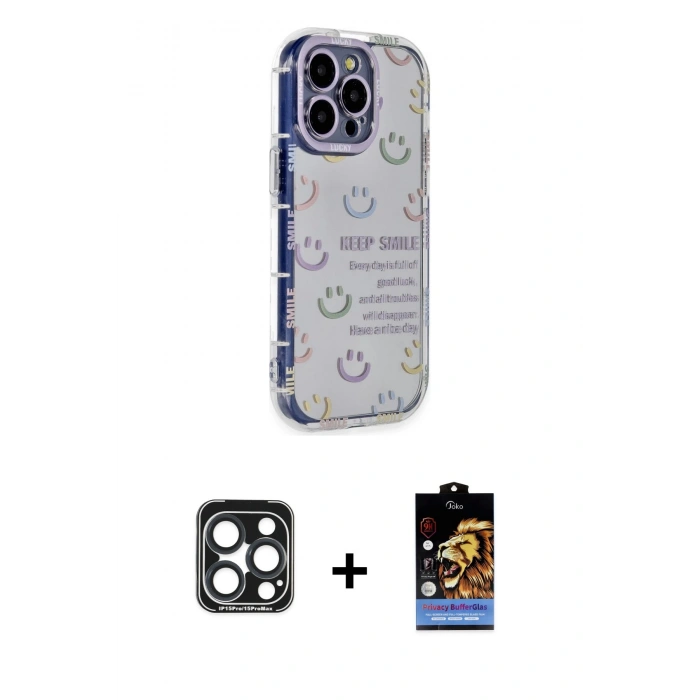 MARSİLYAN™- iPhone 15 Pro Max Kılıf Ahenk Modern Serisi - Siyah Buffer Hayalet Cam Ekran Koruyucu + PVD Metal Kamera Lens - LT