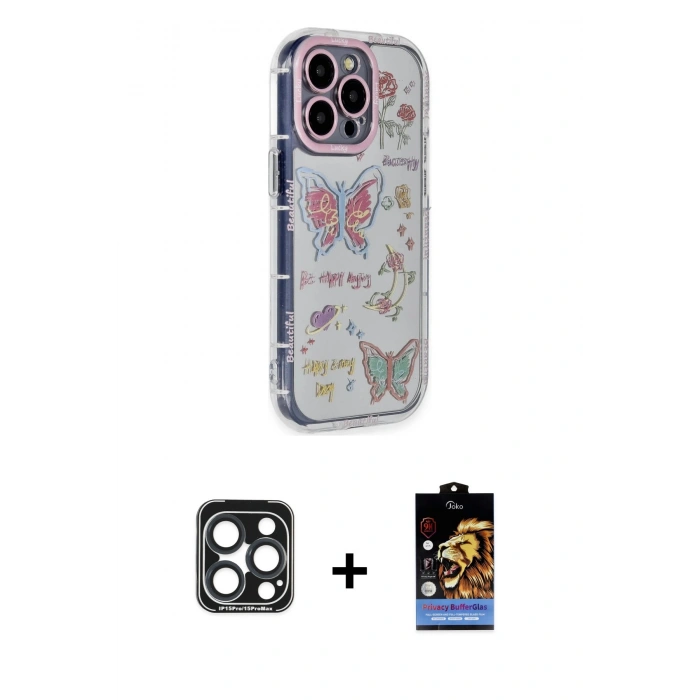 MARSİLYAN™- iPhone 15 Pro Max Kılıf Ahenk Modern Serisi - Siyah Buffer Hayalet Cam Ekran Koruyucu + PVD Metal Kamera Lens - LT