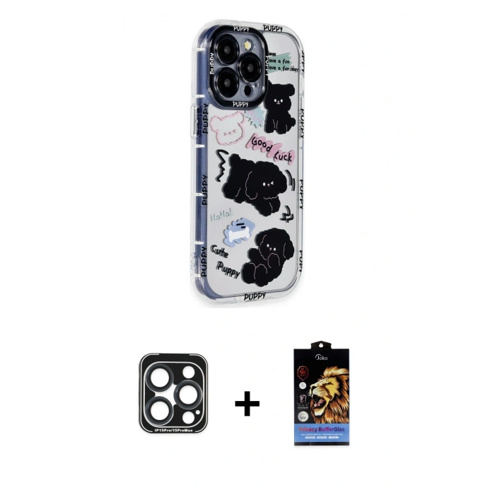 MARSİLYAN™- iPhone 15 Pro Max Kılıf Ahenk Modern Serisi - Siyah Buffer Hayalet Cam Ekran Koruyucu + PVD Metal Kamera Lens - LT