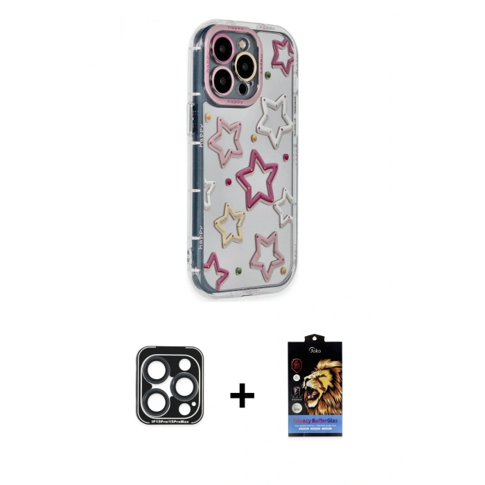 MARSİLYAN™- iPhone 15 Pro Max Kılıf Ahenk Modern Serisi - Siyah Buffer Hayalet Cam Ekran Koruyucu + PVD Metal Kamera Lens - LT