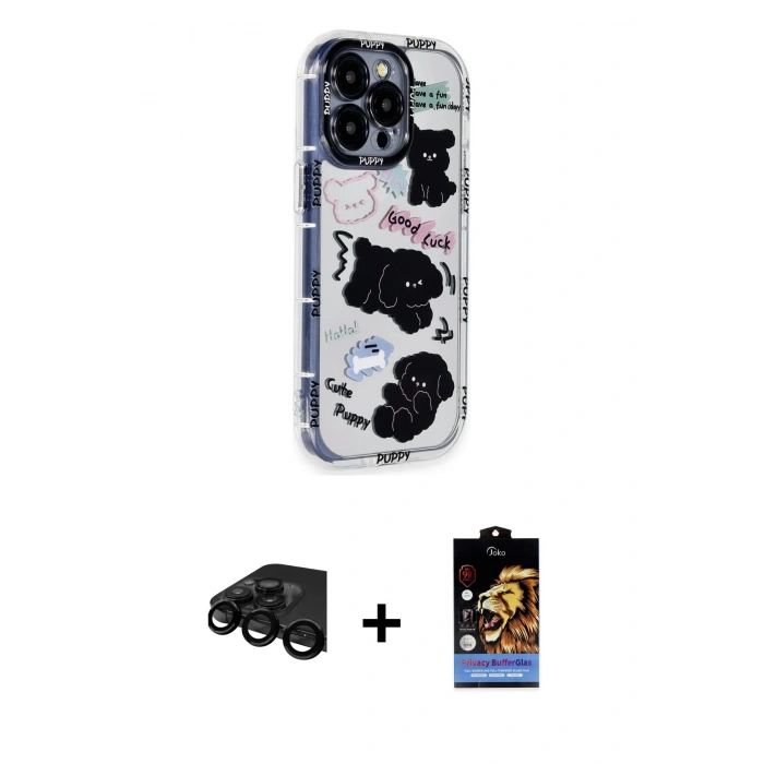 MARSİLYAN™- iPhone 15 Pro Max Kılıf Ahenk Modern Serisi - Siyah Buffer Hayalet Cam Ekran Koruyucu + Raze Metal Kamera Lens - SH