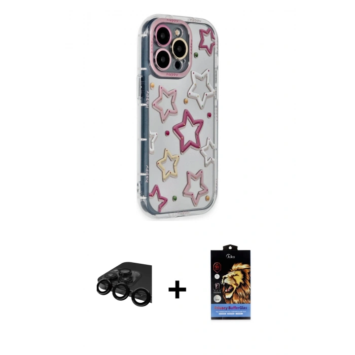 MARSİLYAN™- iPhone 15 Pro Max Kılıf Ahenk Modern Serisi - Siyah Buffer Hayalet Cam Ekran Koruyucu + Raze Metal Kamera Lens - SH