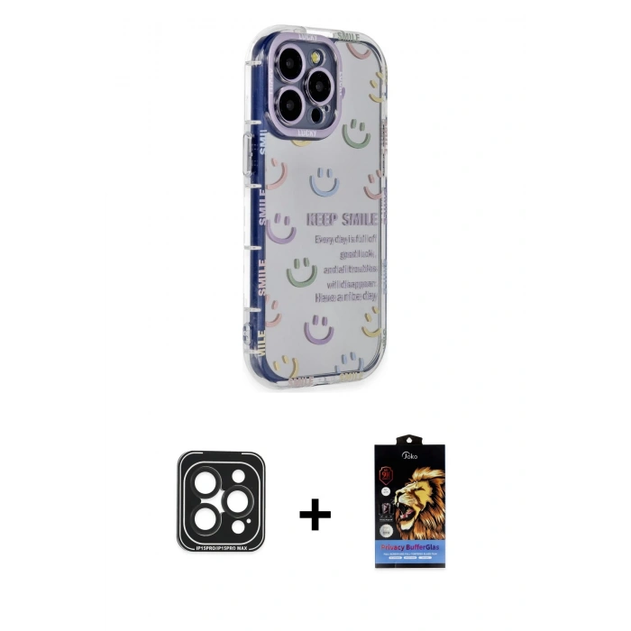MARSİLYAN™- iPhone 15 Pro Max Kılıf Ahenk Modern Serisi - Siyah Buffer Hayalet Cam Ekran Koruyucu + PVD Metal Kamera Lens - SH