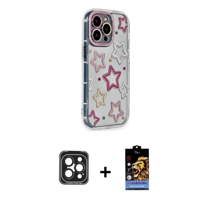 MARSİLYAN™- iPhone 15 Pro Max Kılıf Ahenk Modern Serisi - Siyah Buffer Hayalet Cam Ekran Koruyucu + PVD Metal Kamera Lens - SH