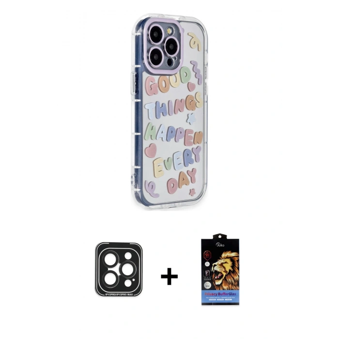 MARSİLYAN™- iPhone 15 Pro Max Kılıf Ahenk Modern Serisi - Siyah Buffer Hayalet Cam Ekran Koruyucu + PVD Metal Kamera Lens - SH
