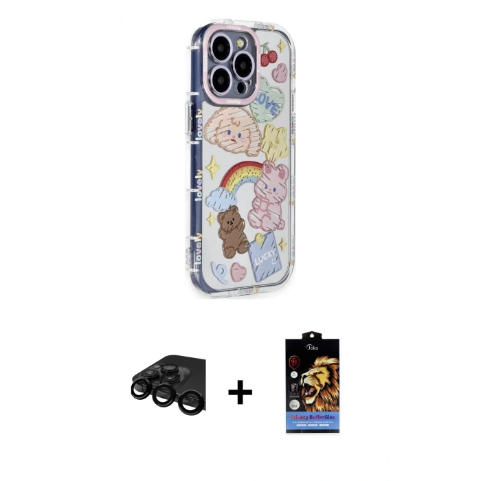 MARSİLYAN™- iPhone 15 Pro Max Kılıf Ahenk Modern Serisi - Siyah Buffer Hayalet Cam Ekran Koruyucu + Siyah Raze Metal Kamera Lens