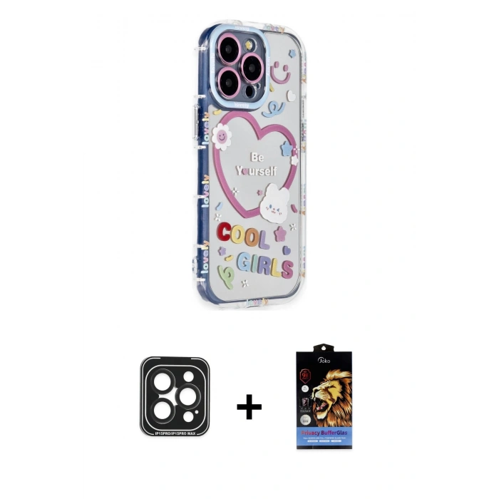 MARSİLYAN™- iPhone 15 Pro Max Kılıf Ahenk Modern Serisi - Siyah Buffer Hayalet Cam Ekran Koruyucu + PVD Metal Kamera Lens - SH