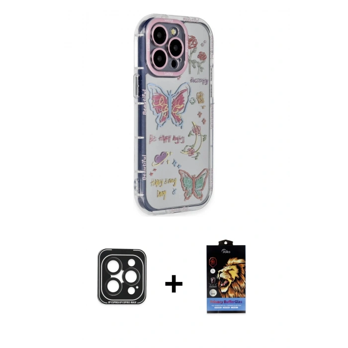 MARSİLYAN™- iPhone 15 Pro Max Kılıf Ahenk Modern Serisi - Siyah Buffer Hayalet Cam Ekran Koruyucu + PVD Metal Kamera Lens - SH