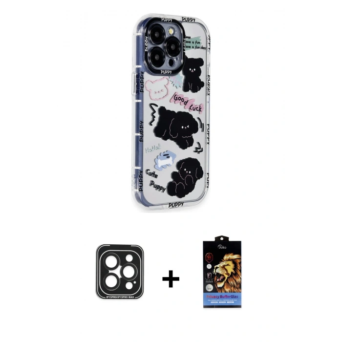 MARSİLYAN™- iPhone 15 Pro Max Kılıf Ahenk Modern Serisi - Siyah Buffer Hayalet Cam Ekran Koruyucu + PVD Metal Kamera Lens - SH