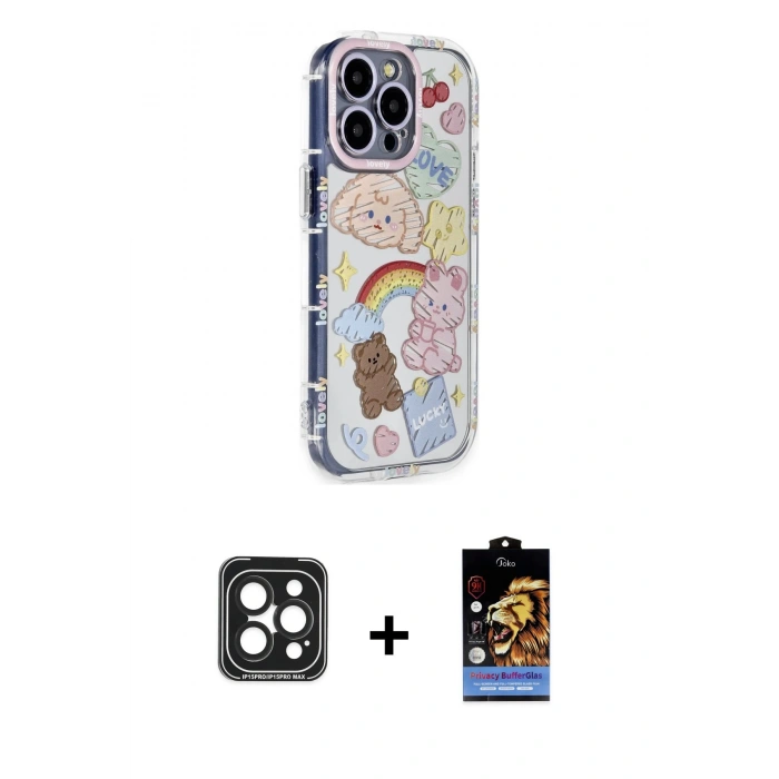 MARSİLYAN™- iPhone 15 Pro Max Kılıf Ahenk Modern Serisi - Siyah Buffer Hayalet Cam Ekran Koruyucu + PVD Metal Kamera Lens - SH