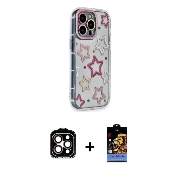 MARSİLYAN™- iPhone 15 Pro Max Kılıf Ahenk Modern Serisi - Siyah Buffer Hayalet Cam Ekran Koruyucu + Turuncu PVD Metal Kamera Lens