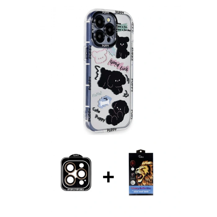 MARSİLYAN™- iPhone 15 Pro Max Kılıf Ahenk Modern Serisi - Siyah Buffer Hayalet Cam Ekran Koruyucu + Turuncu PVD Metal Kamera Lens