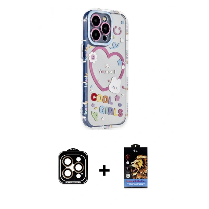 MARSİLYAN™- iPhone 15 Pro Max Kılıf Ahenk Modern Serisi - Siyah Buffer Hayalet Cam Ekran Koruyucu + Turuncu PVD Metal Kamera Lens