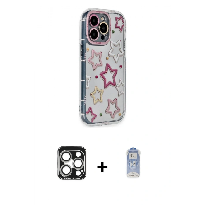 MARSİLYAN™- iPhone 15 Pro Max Kılıf Ahenk Modern Serisi - Siyah Joko Magic 5D Cam + Gümüş PVD Metal Kamera Lens