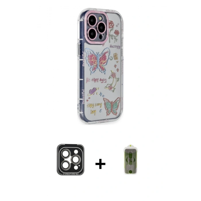 MARSİLYAN™- iPhone 15 Pro Max Kılıf Ahenk Modern Serisi - Siyah Joko Magic 5D Hayalet Cam + PVD Metal Kamera Lens - GI