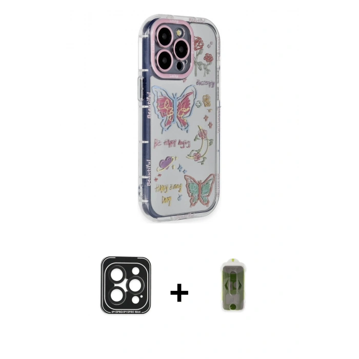MARSİLYAN™- iPhone 15 Pro Max Kılıf Ahenk Modern Serisi - Siyah Joko Magic 5D Hayalet Cam + PVD Metal Kamera Lens - SH