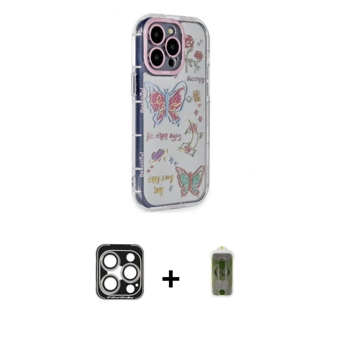 MARSİLYAN™- iPhone 15 Pro Max Kılıf Ahenk Modern Serisi - Siyah Joko Magic 5D Hayalet Cam + PVD Metal Kamera Lens - GS