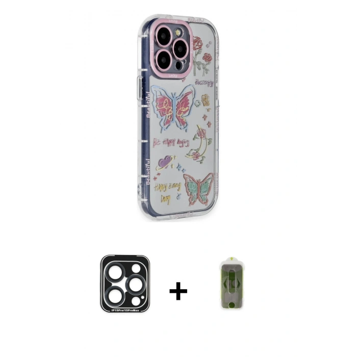 MARSİLYAN™- iPhone 15 Pro Max Kılıf Ahenk Modern Serisi - Siyah Joko Magic 5D Hayalet Cam + PVD Metal Kamera Lens - LT